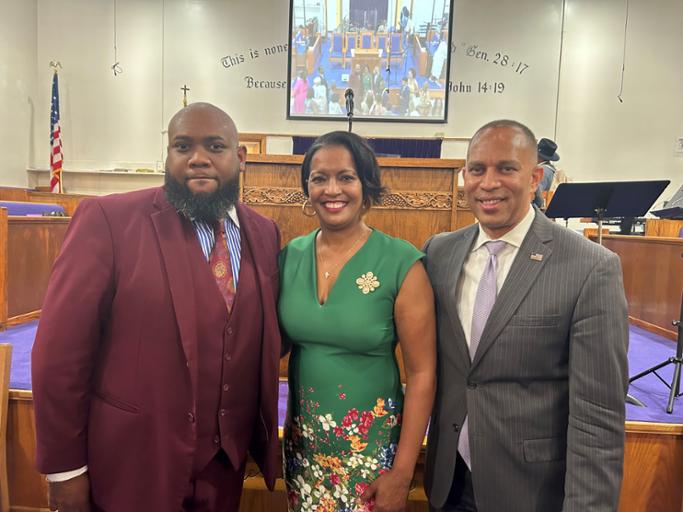 Rep. Hayes with House Democratic Leader Hakeem Jeffries and Pastor Antwuan Richardson