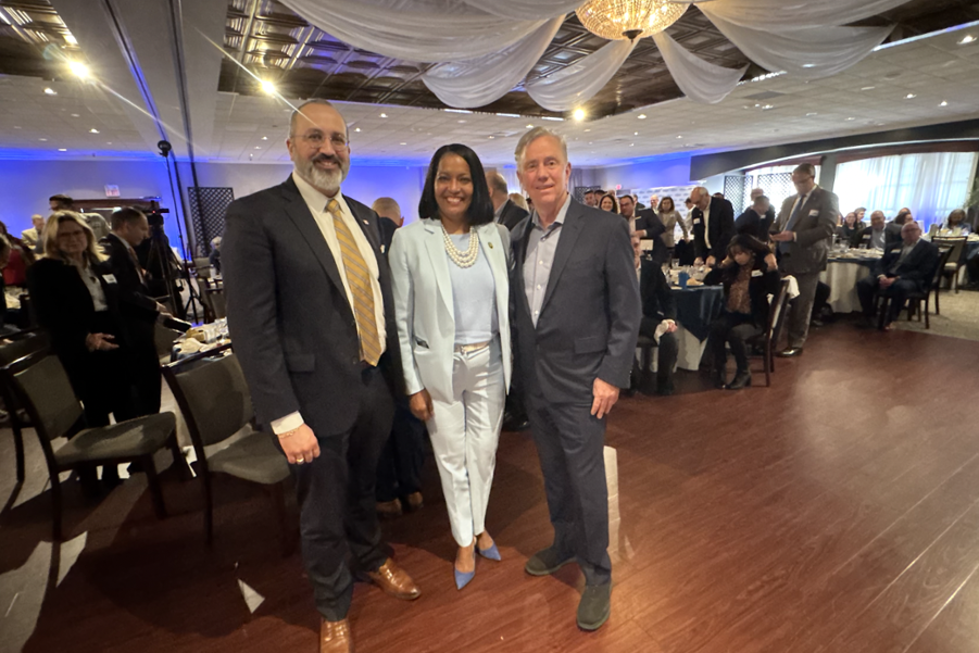 Congresswoman Hayes takes a photo with Danbury Mayor Roberto Alves and Connecticut Governor Ned Lamont