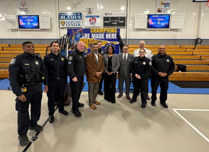 Congresswoman Hayes at a press conference for funds she secured for the Waterbury Police Activity League