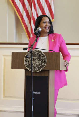 Congresswoman Hayes speaks at a town hall in Waterbury
